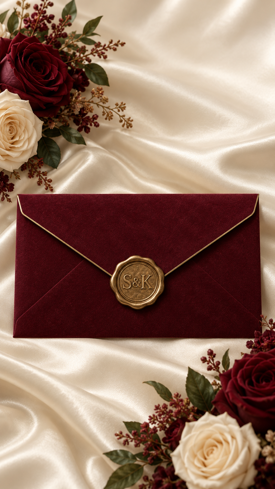 Burgundy envelope with a gold S and K wax seal, surrounded by roses